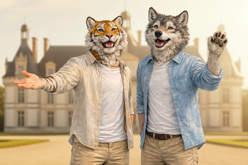 Illustrative image of a tiger and a wolf in human clothing with the Château de Maffliers in the background